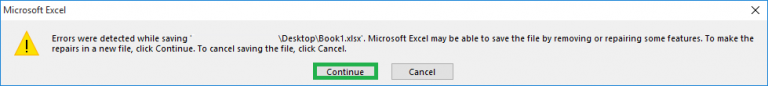 errors were detected while saving excel 2016 solved