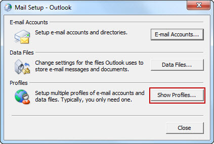 In Control Panel->Mail->Mail Setup –Outlook->Show Profiles