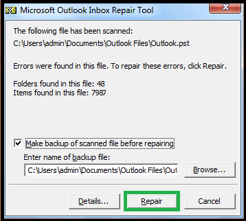 the microsoft outlook inbox repair tool does not recognize