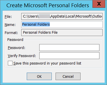 Provide a password for the Outlook PST file
