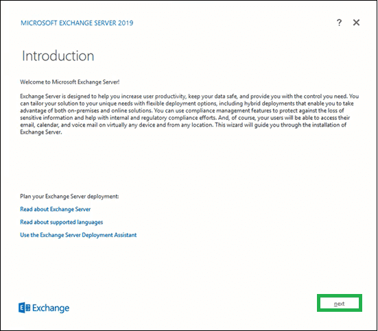 Introduction page for the Exchange Server 2019