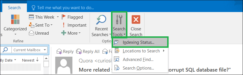 outlook 2016 search not working