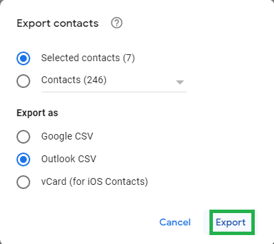 Select Outlook CSV option under Export as section