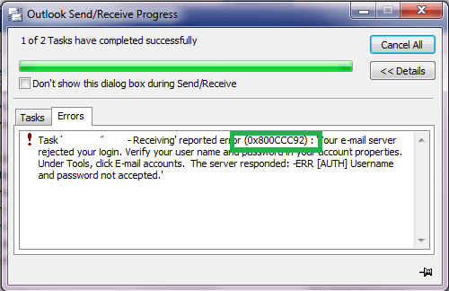 codice errore 0x800ccc92 windows mail
