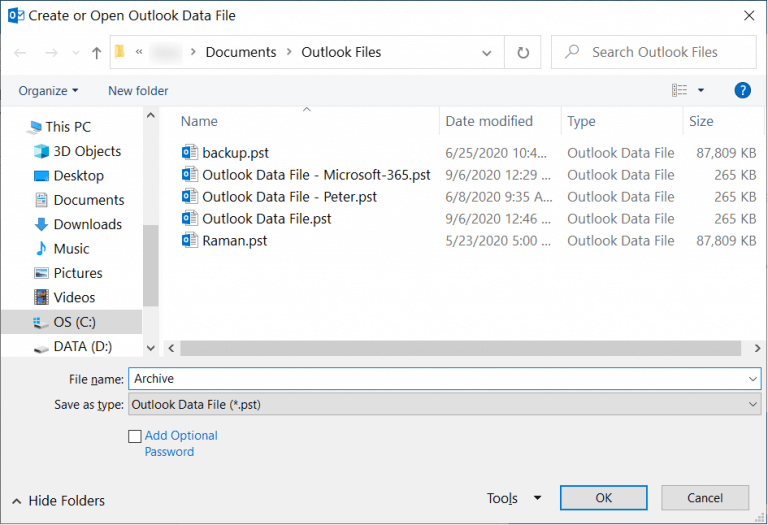 outlook archive