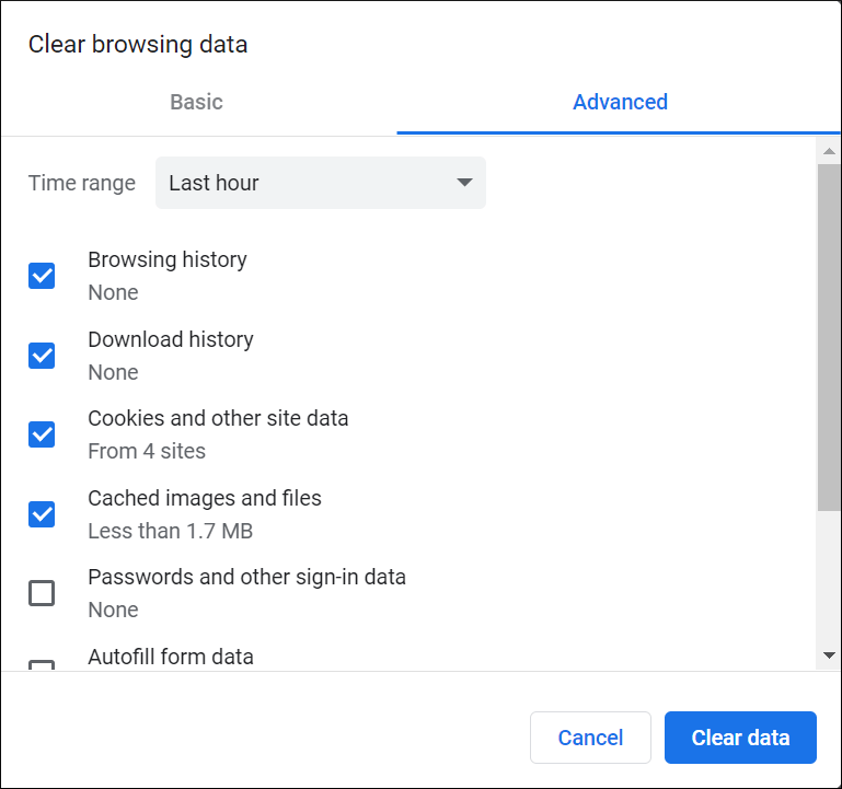 Select the data from cookies and cache files. Then click the Clear data button