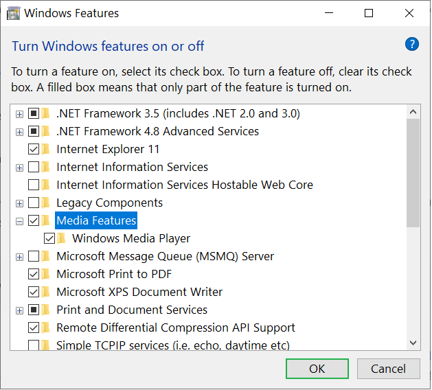Windows Media Player checkbox is checked