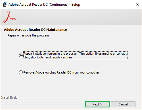 Click on the Repair Program Installation to complete the fixing of Adobe Reader