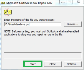 Click on the Start button in the Inbox Repair Tool window to start the scan