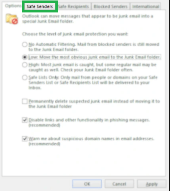 Switch to Safe Senders in the Junk E-mail Options