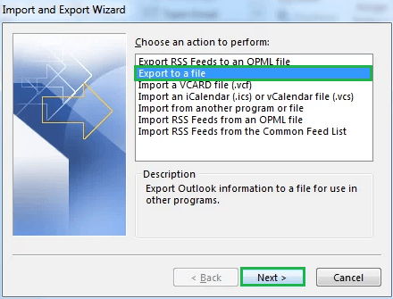 In the next box select Export to a file and click Next