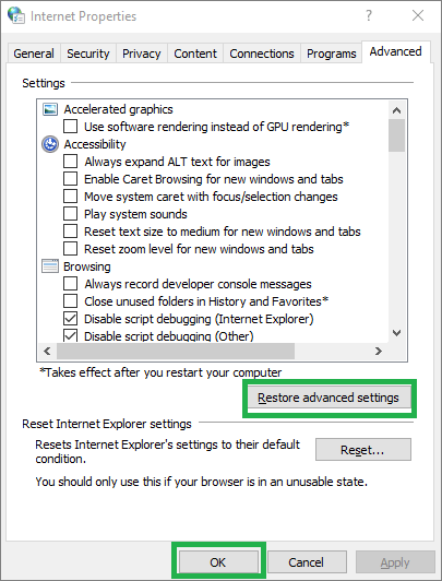 Select the option Restore advanced settings.