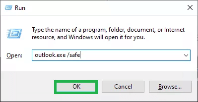 Type Outlook.exe/safe and press the enter key